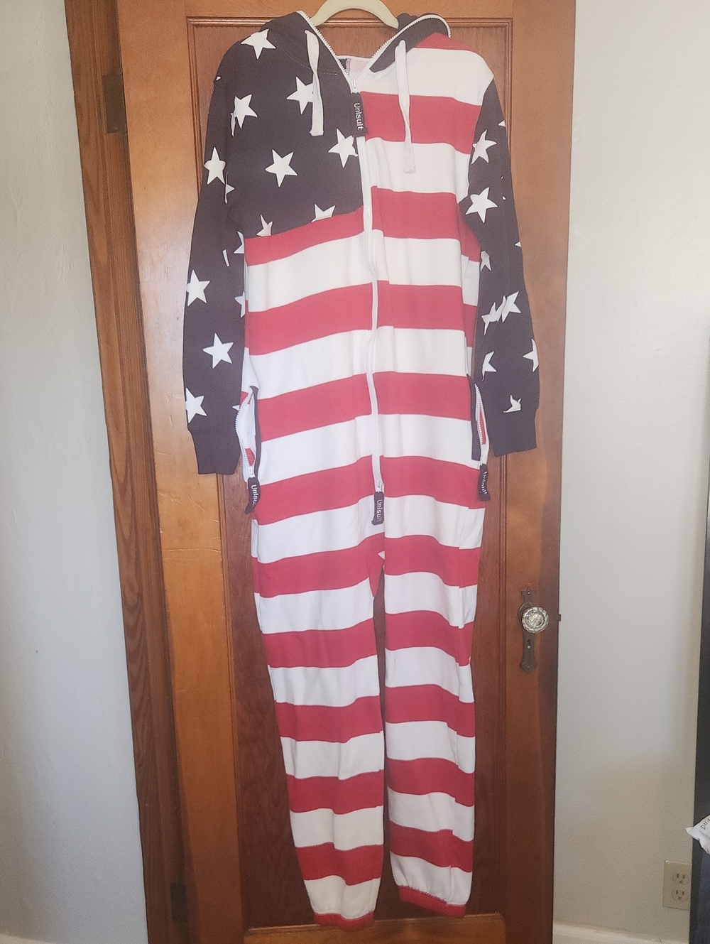 Adult Large Red & White Stars and Stripes Hooded Onesie